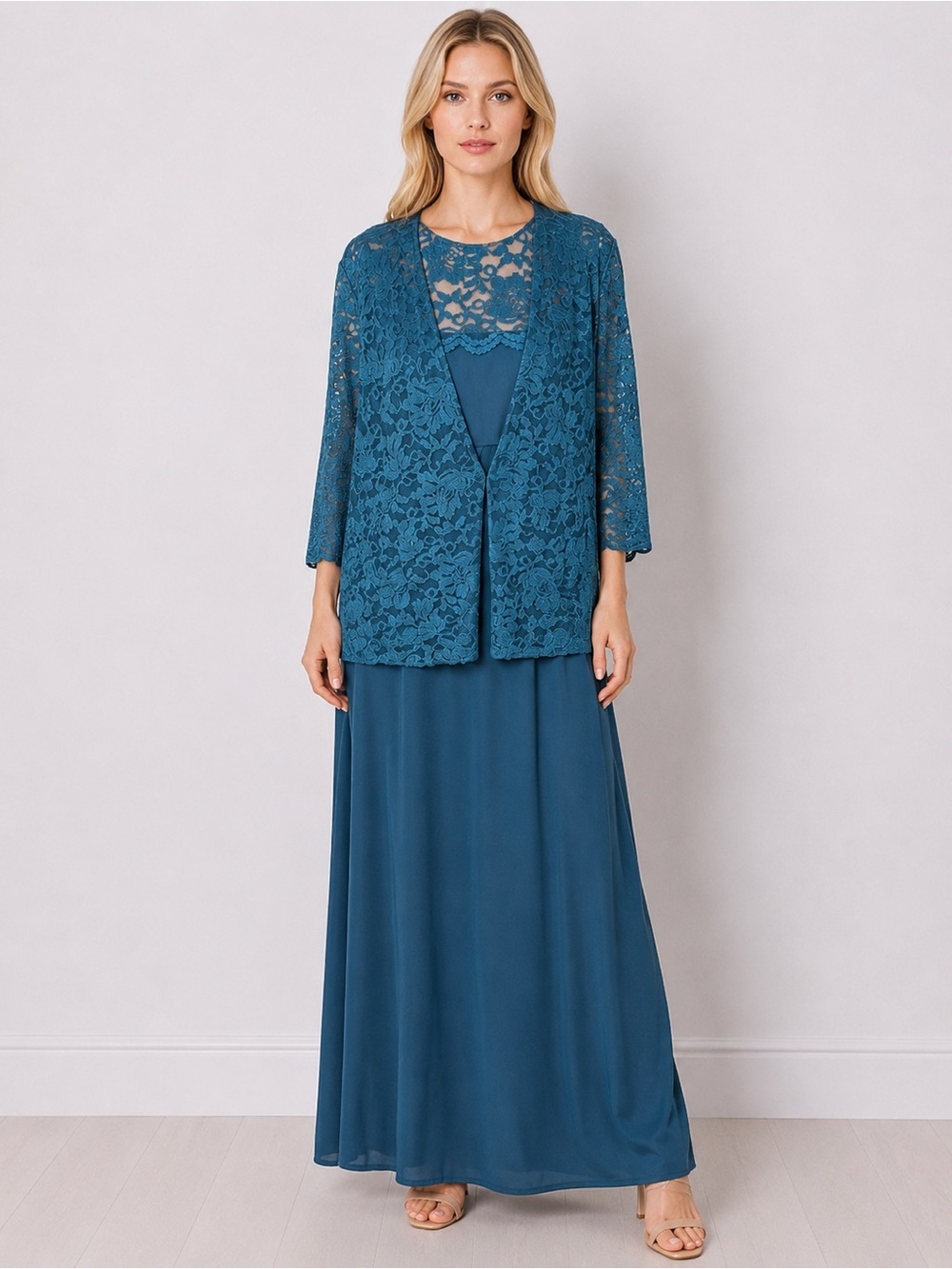 Alex Evenings Dress & Jacket Teal Blue Lace Tier Front A-Line Party Size 18W